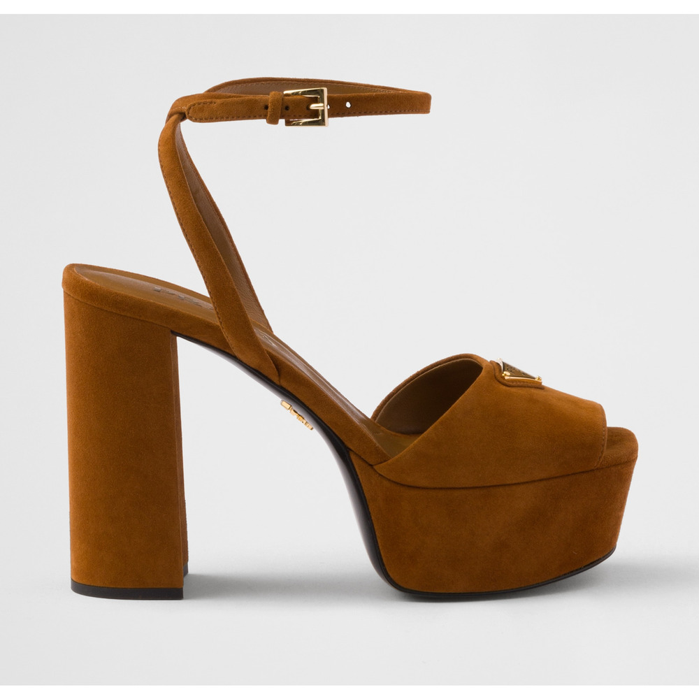 Prada 115mm Cognac Brown Suede Platform Sandal Ankle Strap Block Heel Pump 38.5 - Picture 3 of 16